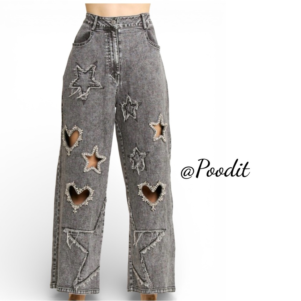 J. HER cut out rhinestone hearts & stars wide leg loose fit style jeans sz SMALL - Picture 3 of 7